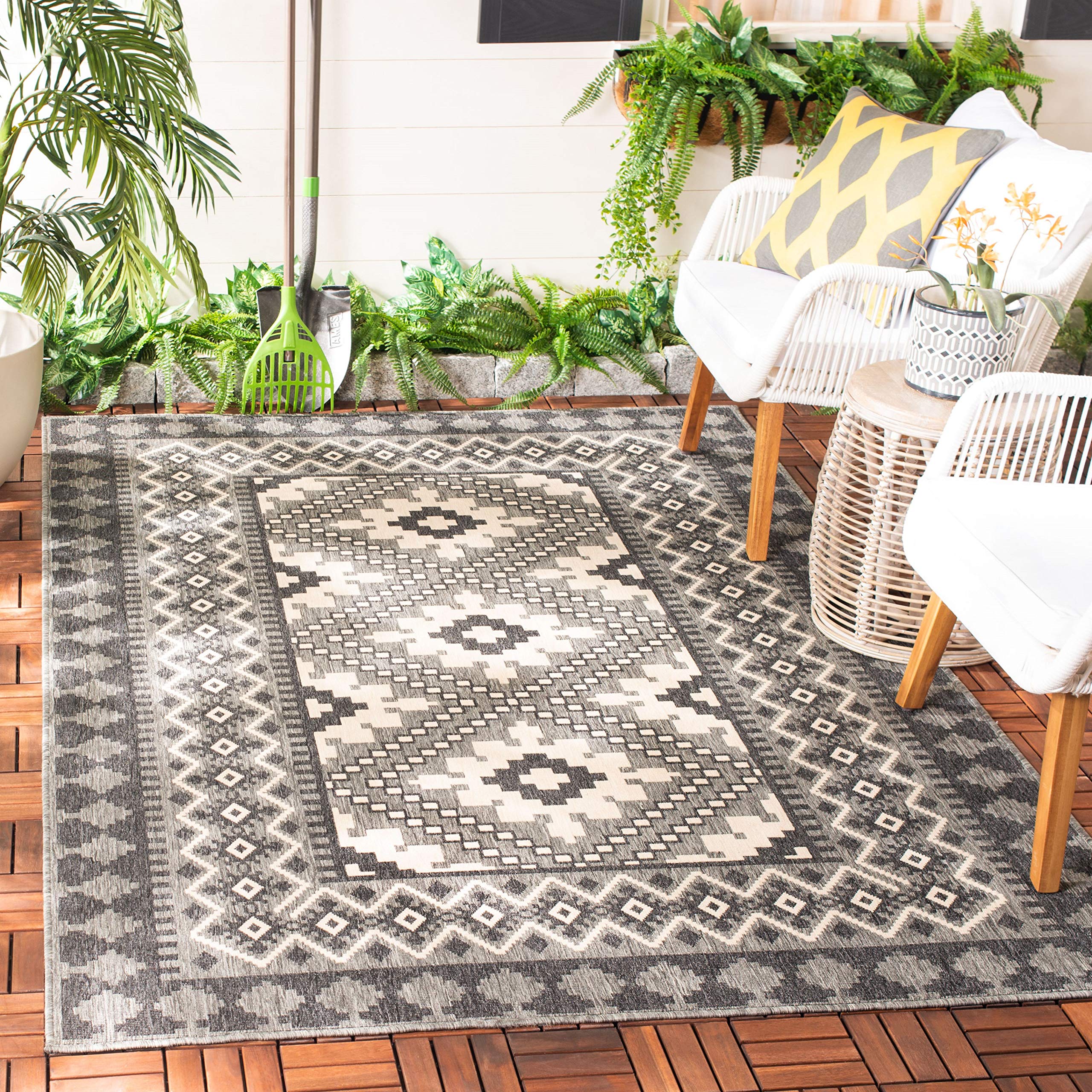 Safavieh Veranda Collection 5'3' X 7'7' Ivory/Charcoal Ver099 Boho Indoor/ Outdoor Non-Shedding Easy Cleaning Patio Backyard P